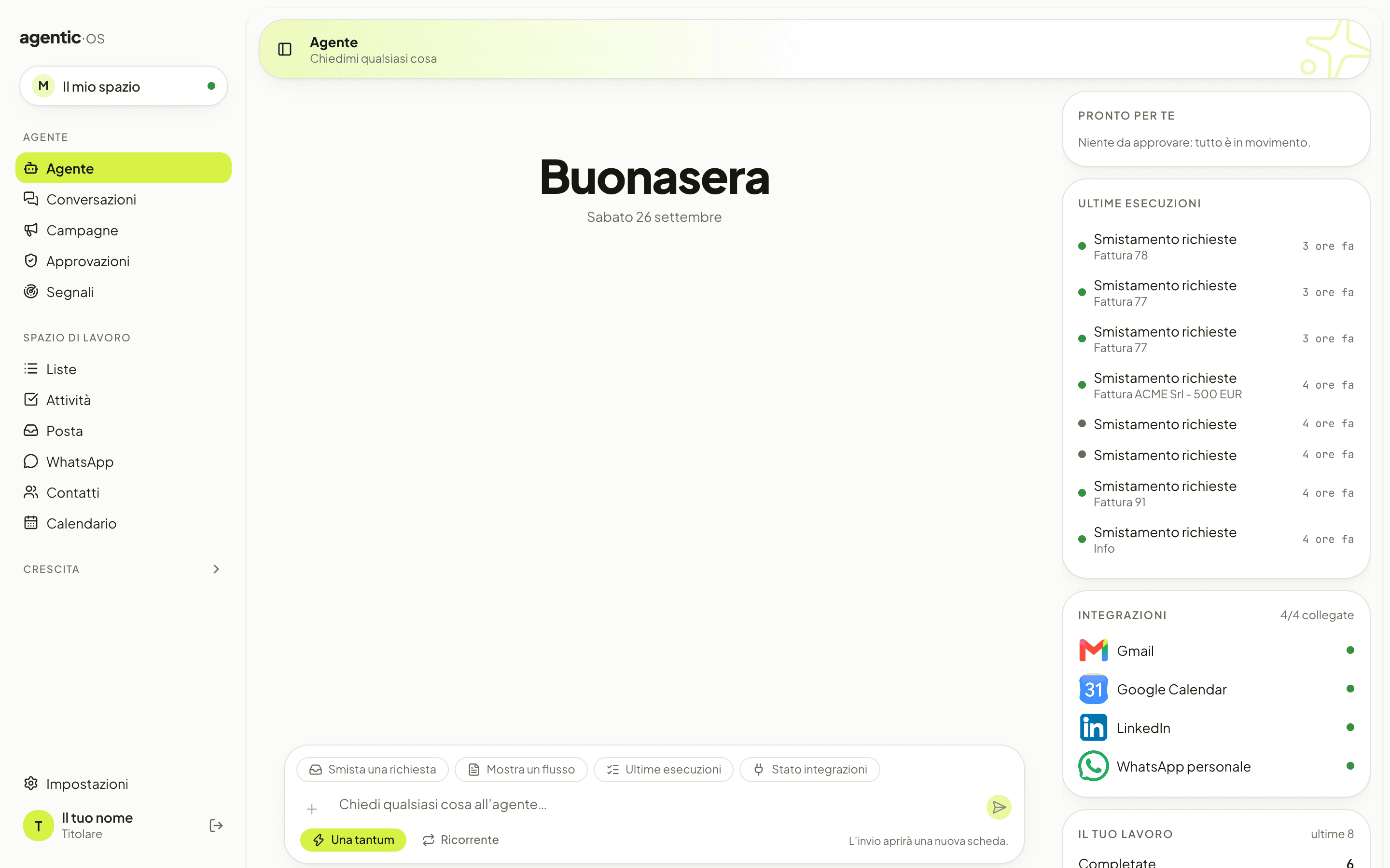 La dashboard di agentic-os: chat con l'agente, approvazioni e integrazioni